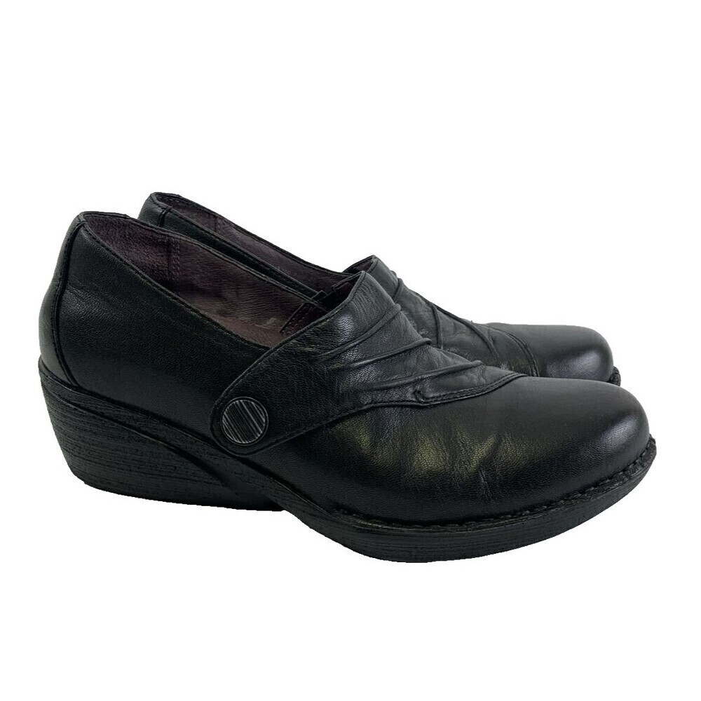 Dansko Aimee Black Leather Adjustable Button Wedge Pump Clog Womens 38 US 7.5-8